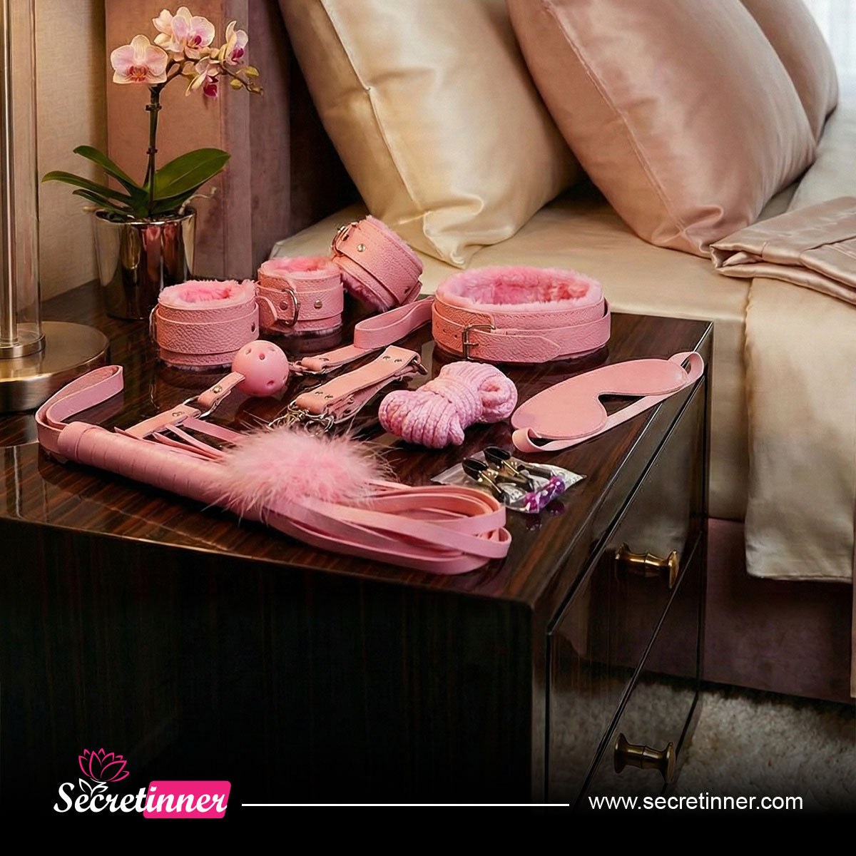 Pink bedroom accessories on a nightstand with 'Secretinner' branding.