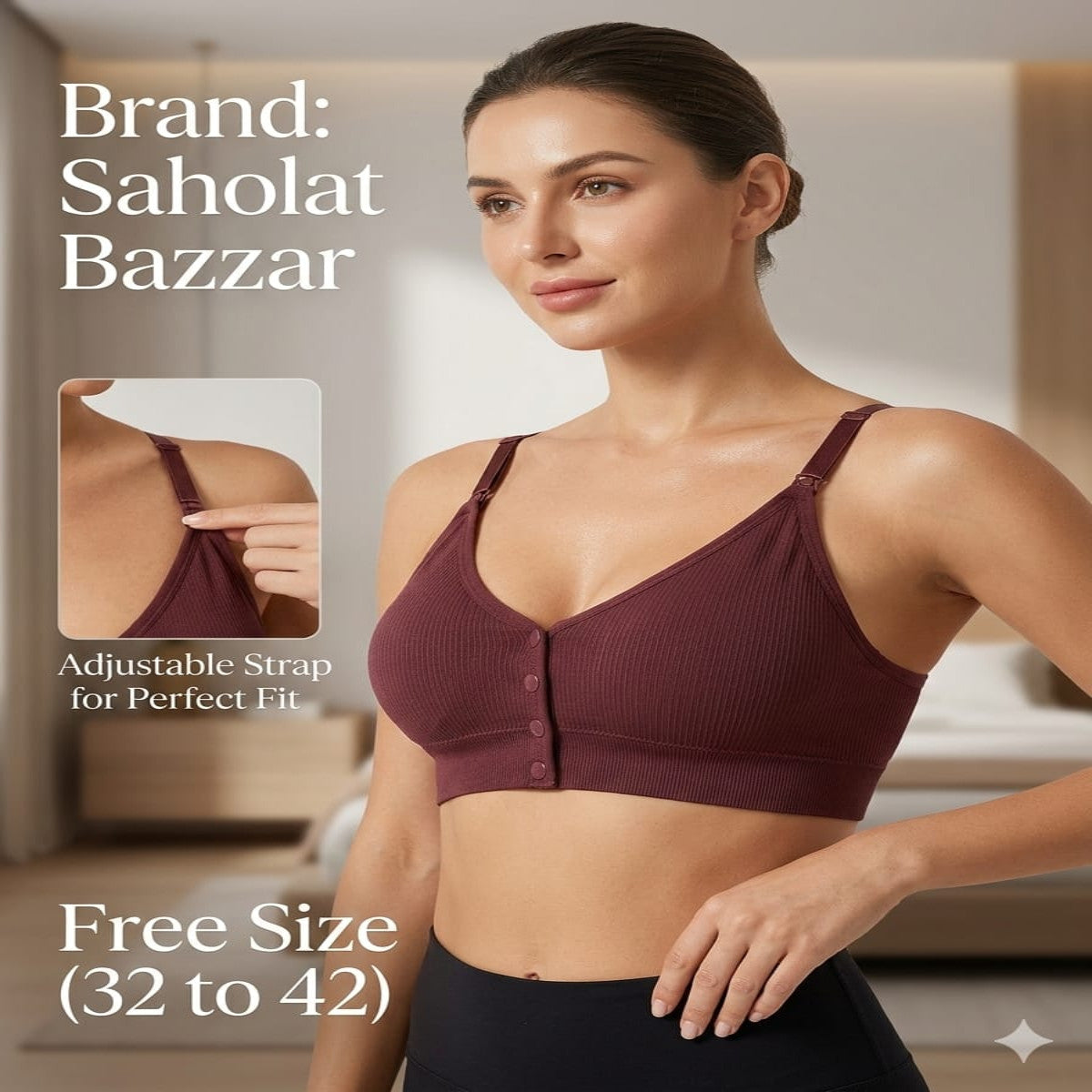 Woman wearing a maroon sports bra with adjustable strap feature, brand 'Saholat Bazzar' displayed.