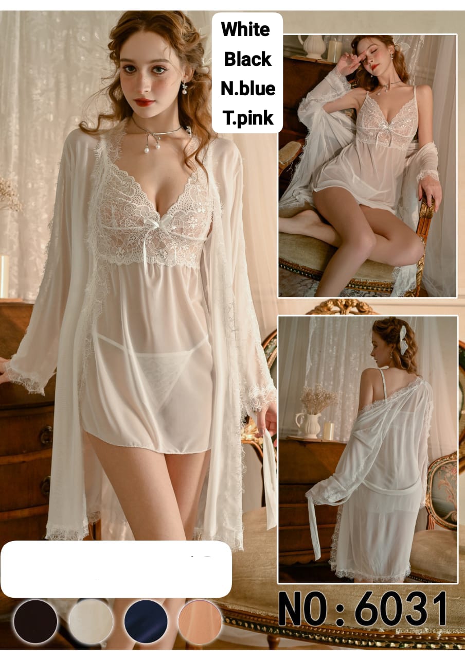 Woman in a white lace nightgown with color swatches and product number 6031.