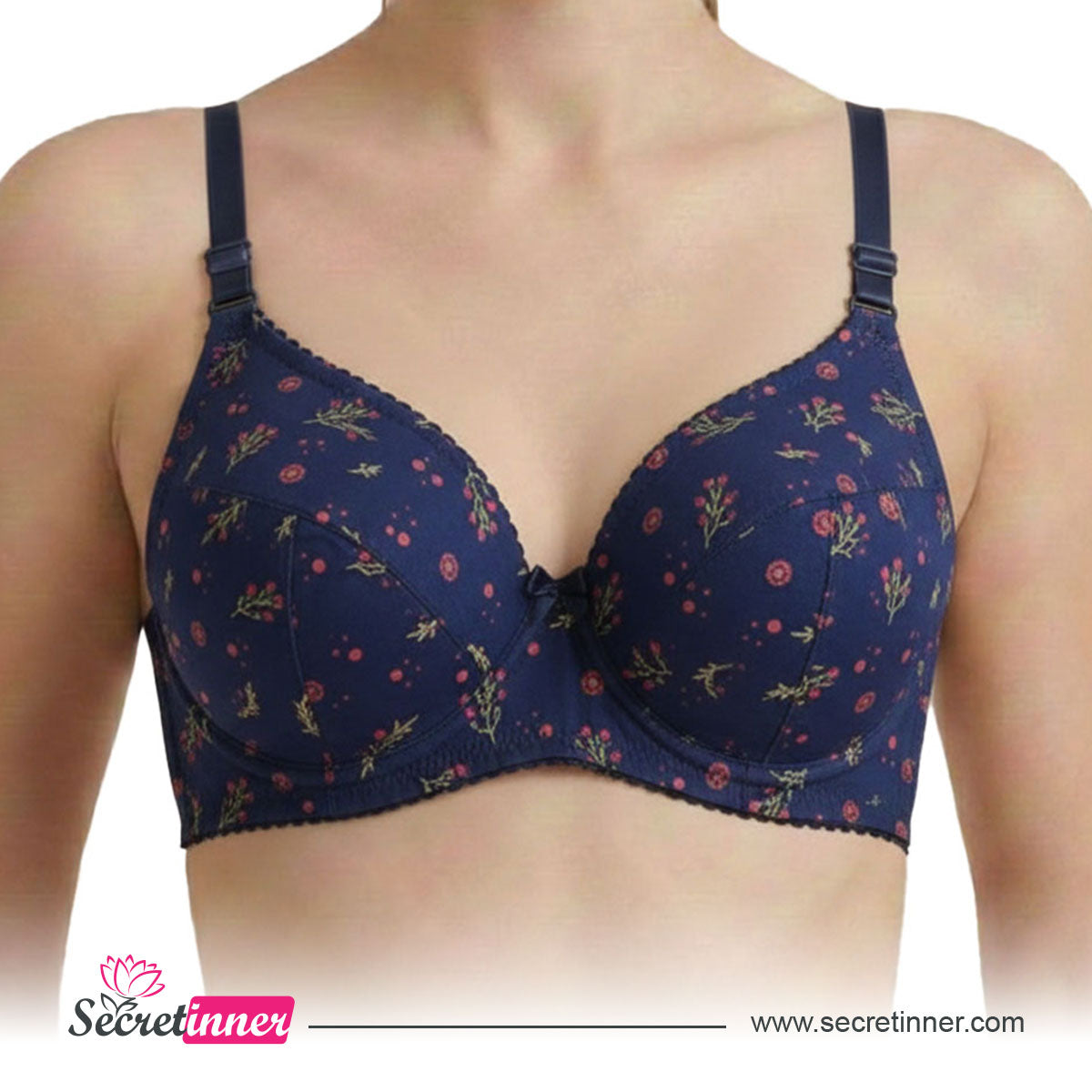 Navy blue floral-patterned bra on a white background with Secret Inner logo.