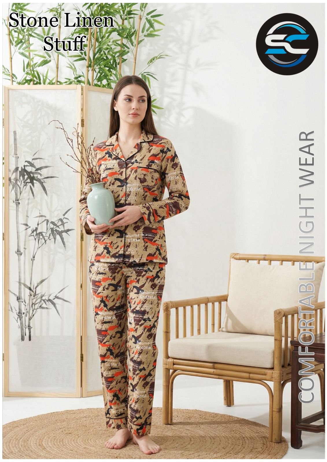 Woman wearing a patterned outfit holding a vase in a room with plants and furniture.