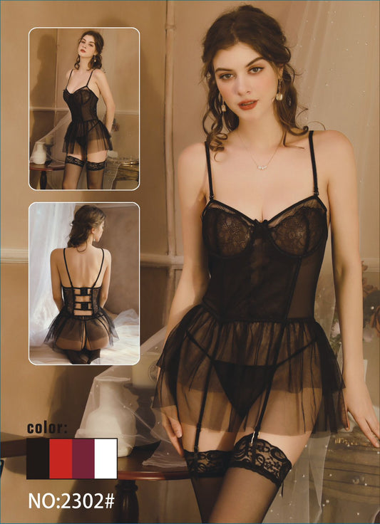 Woman wearing a black lace lingerie set with inset images and color swatch.