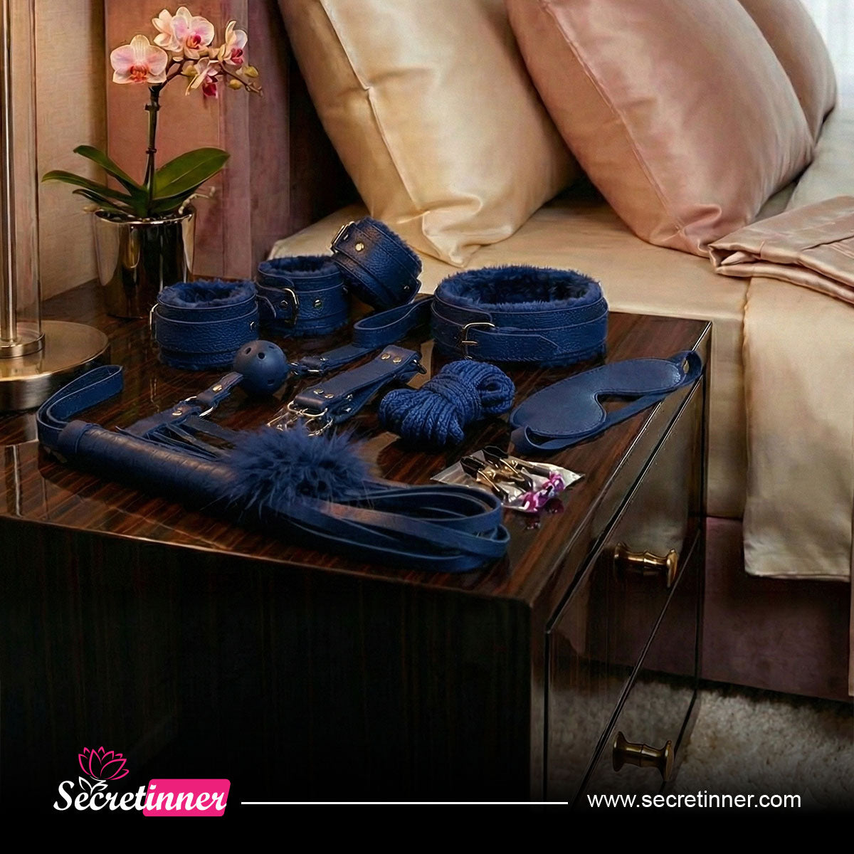 Blue leather products on a wooden table with a bed in the background, featuring the Secretinner brand.