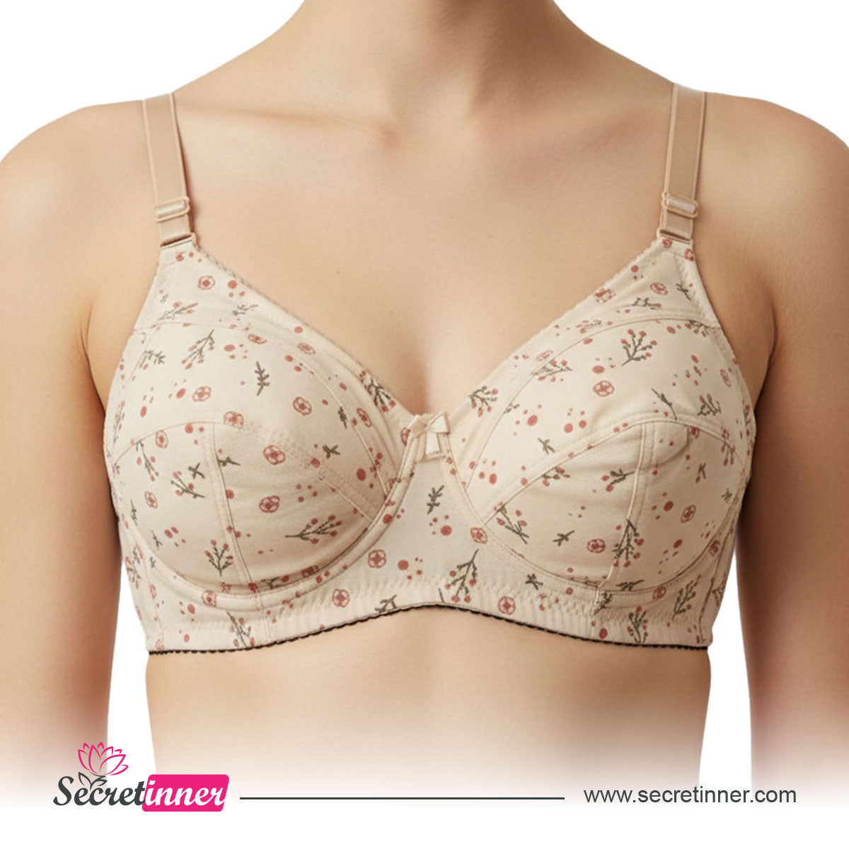 Beige floral-patterned bra on a white background with Secret Inner branding.