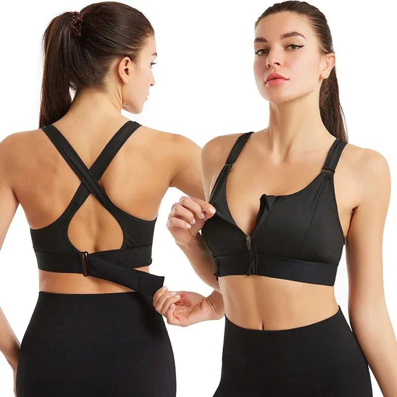 Woman wearing a black sports bra and leggings, showing front and back views.