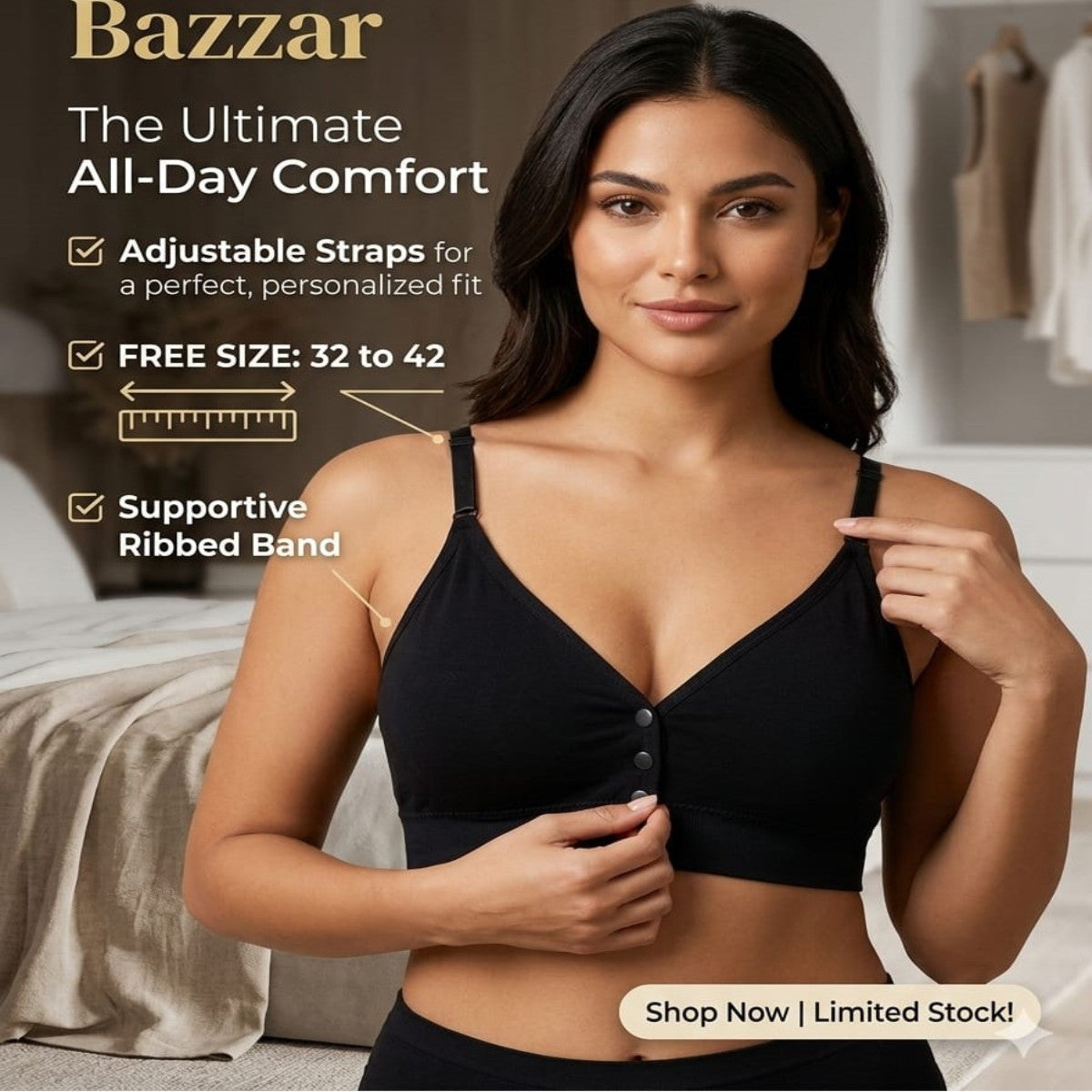 Woman wearing a black bra with promotional text about comfort and features, set against a neutral indoor background.
