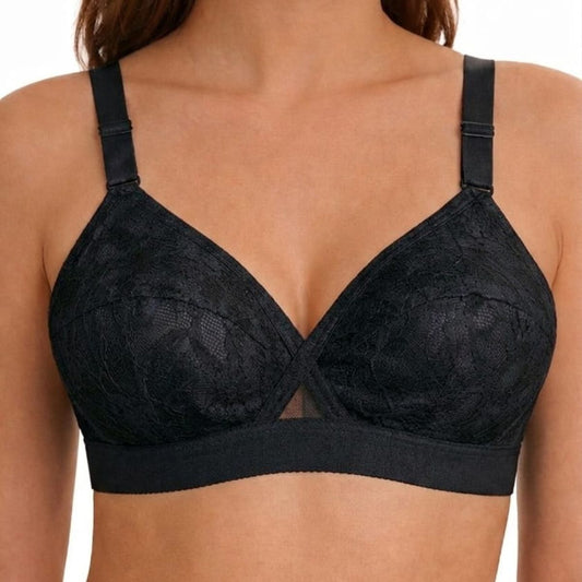 Black lace bra on a model with a white background