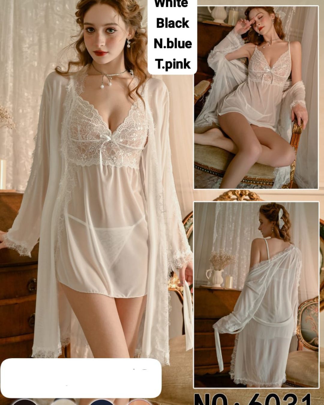 Woman wearing a white lace nightgown with a robe in a vintage-style room.