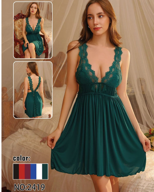 Teal lace dress with model wearing it and close-up details on a neutral background