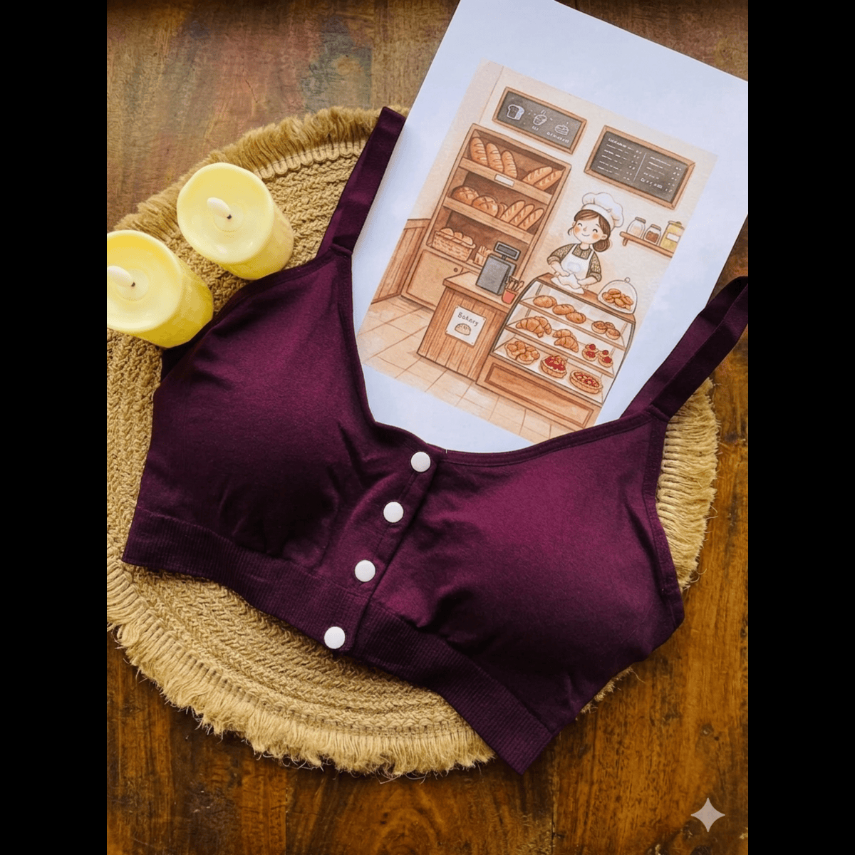 Purple top with white buttons on a woven mat with candles and a bakery illustration.