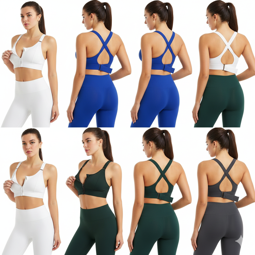Grid of a woman modeling different colored sports bras and leggings.