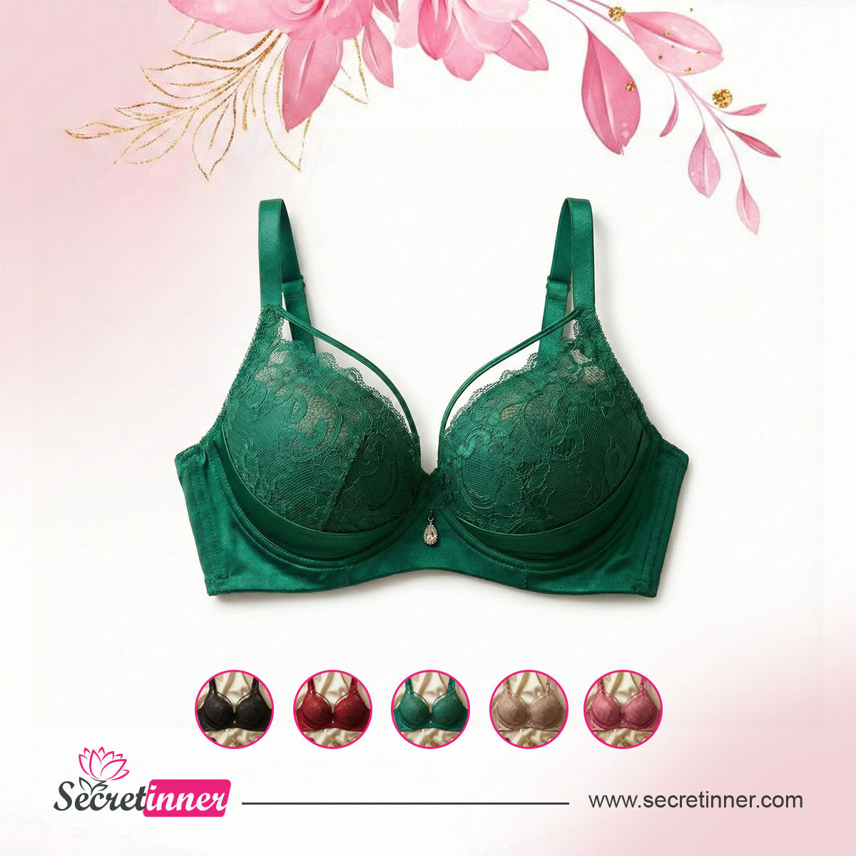 Green lace bra on a light pink background with Secret Inner branding.