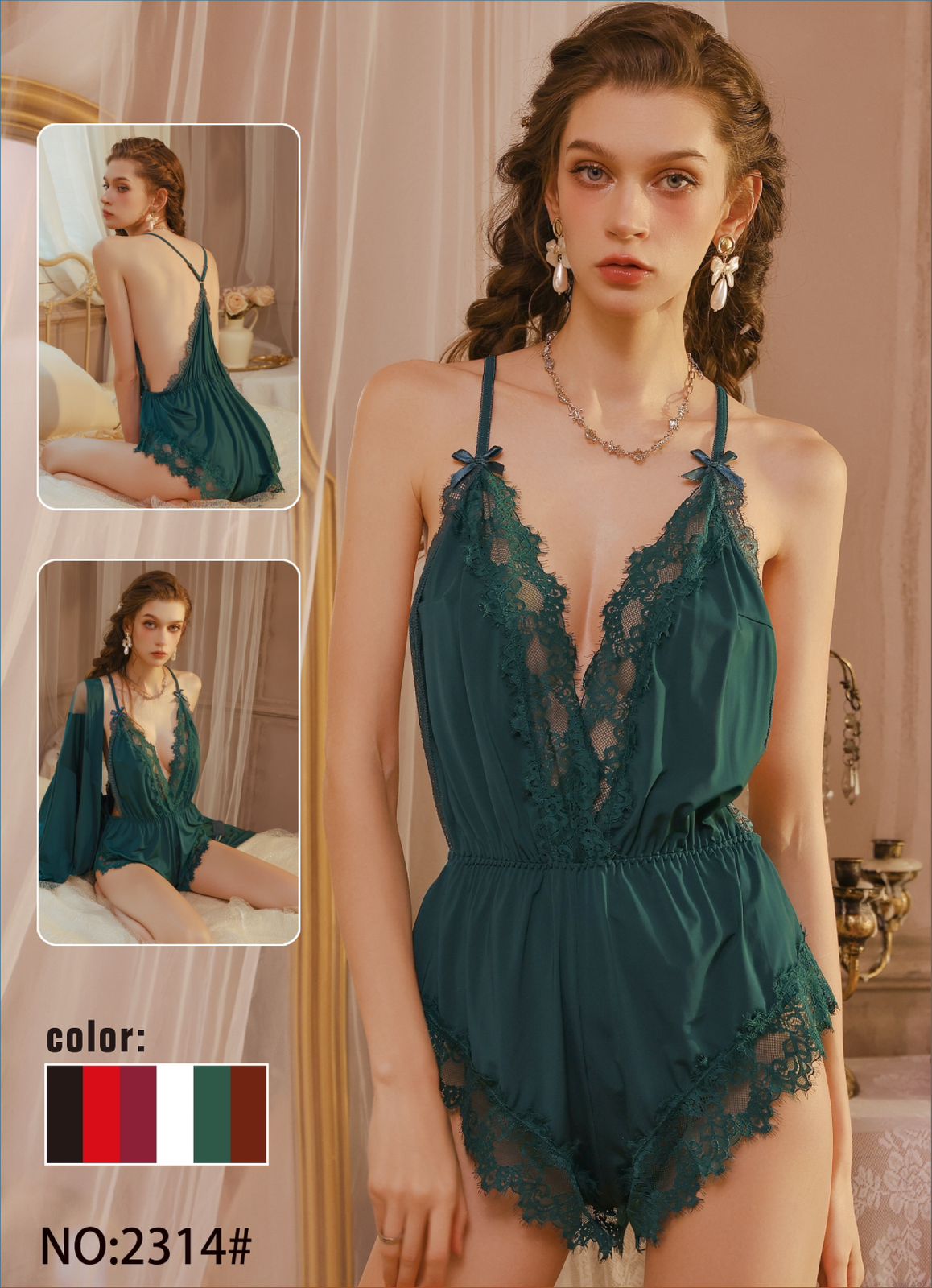 Woman wearing a green lace lingerie set with inset images and color options.