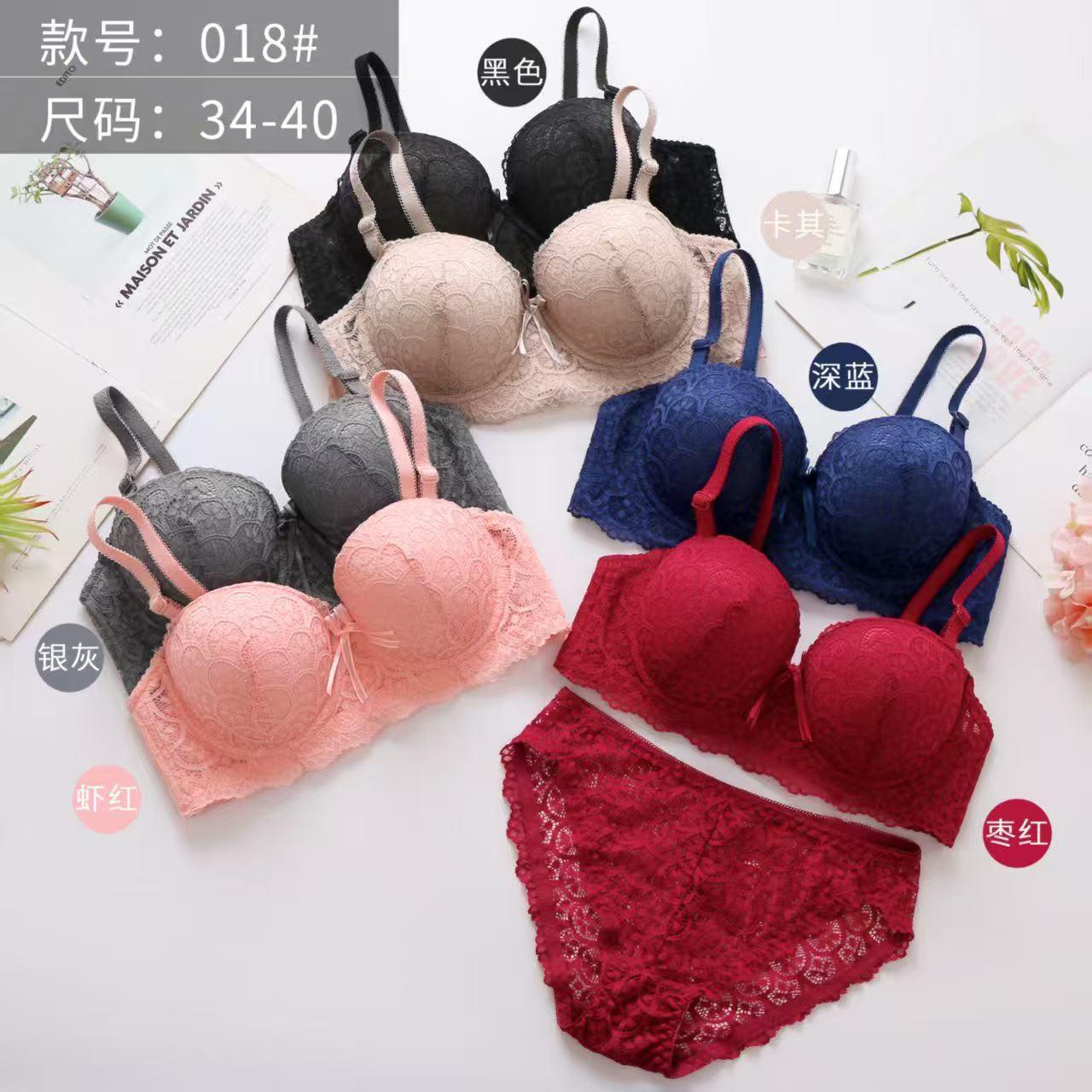 Collection of colorful bras and panties on a white background with text indicating sizes and colors.