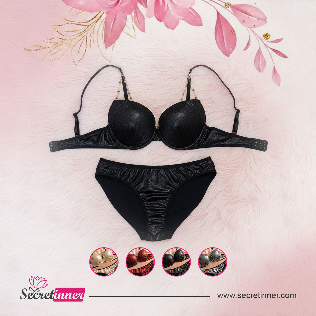 Black bra and panties set on a light pink background with floral elements and Secret Inner logo.