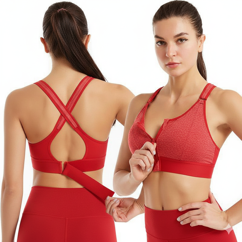 Woman wearing a red sports bra and leggings, shown from front and back views.
