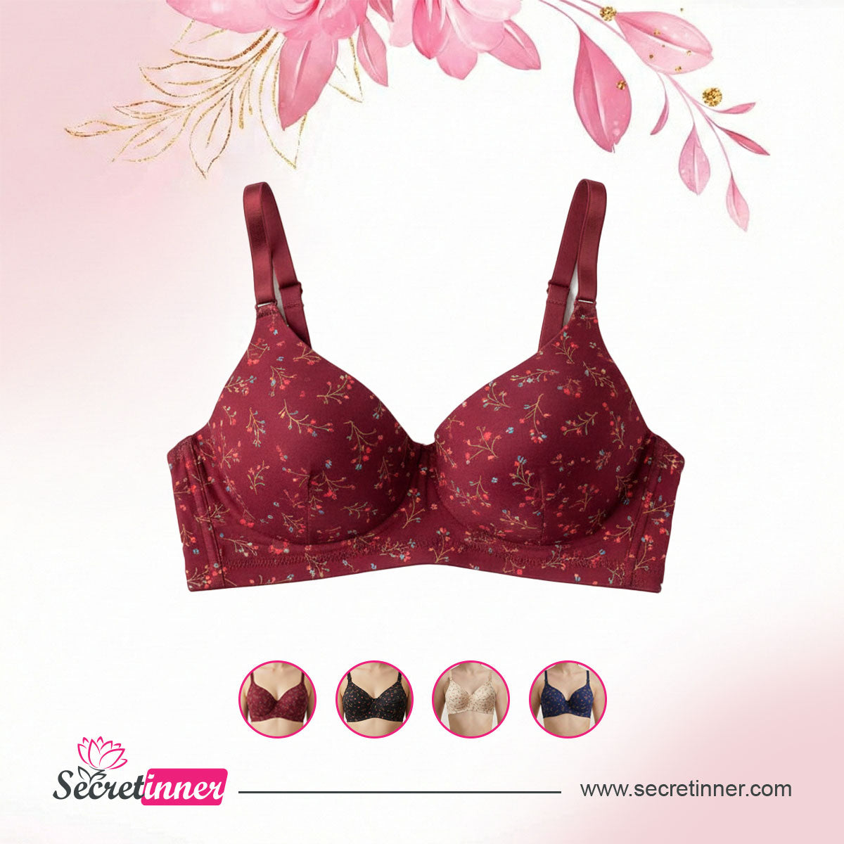 Red floral bra on a pink background with Secret Inner logo