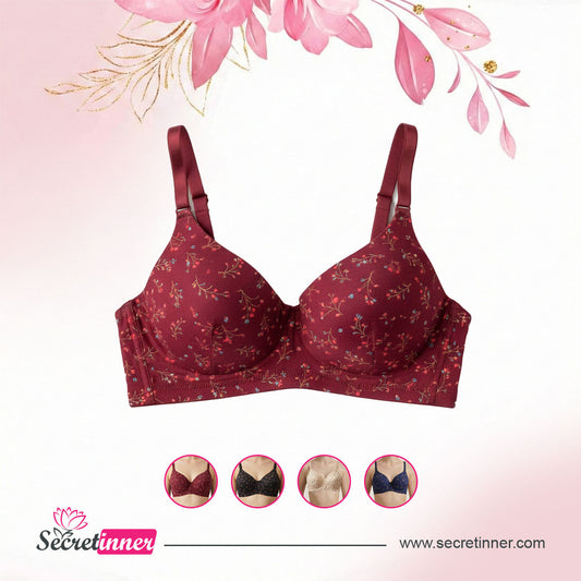 Red floral bra on a pink background with Secret Inner logo