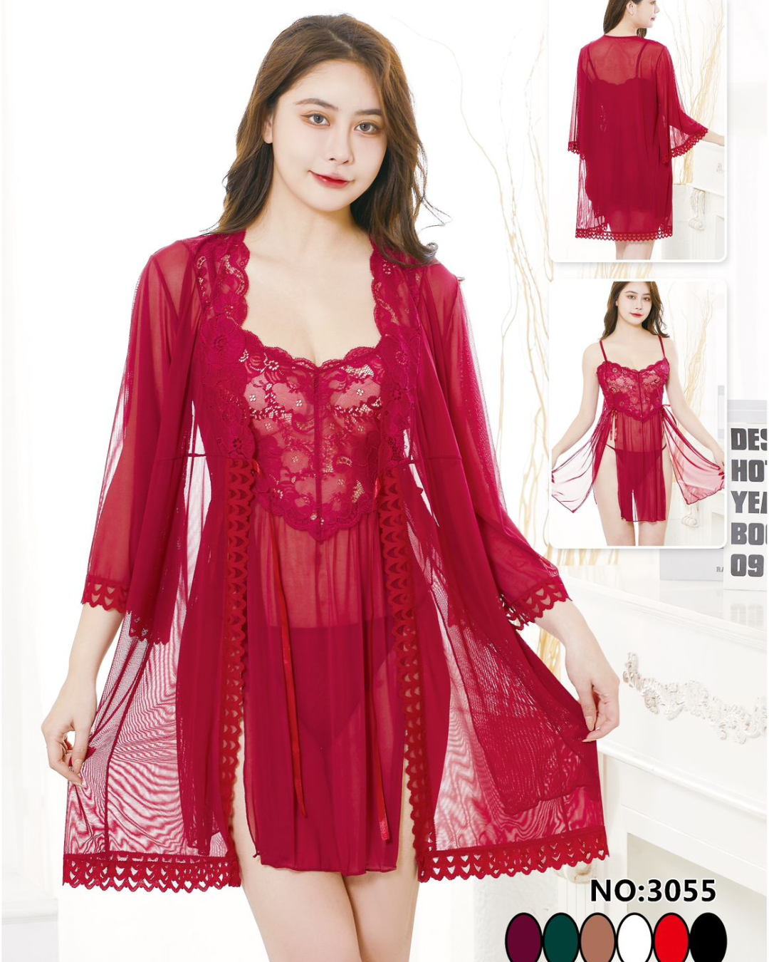 Red lace lingerie set with matching robe on a model, surrounded by close-up insets.