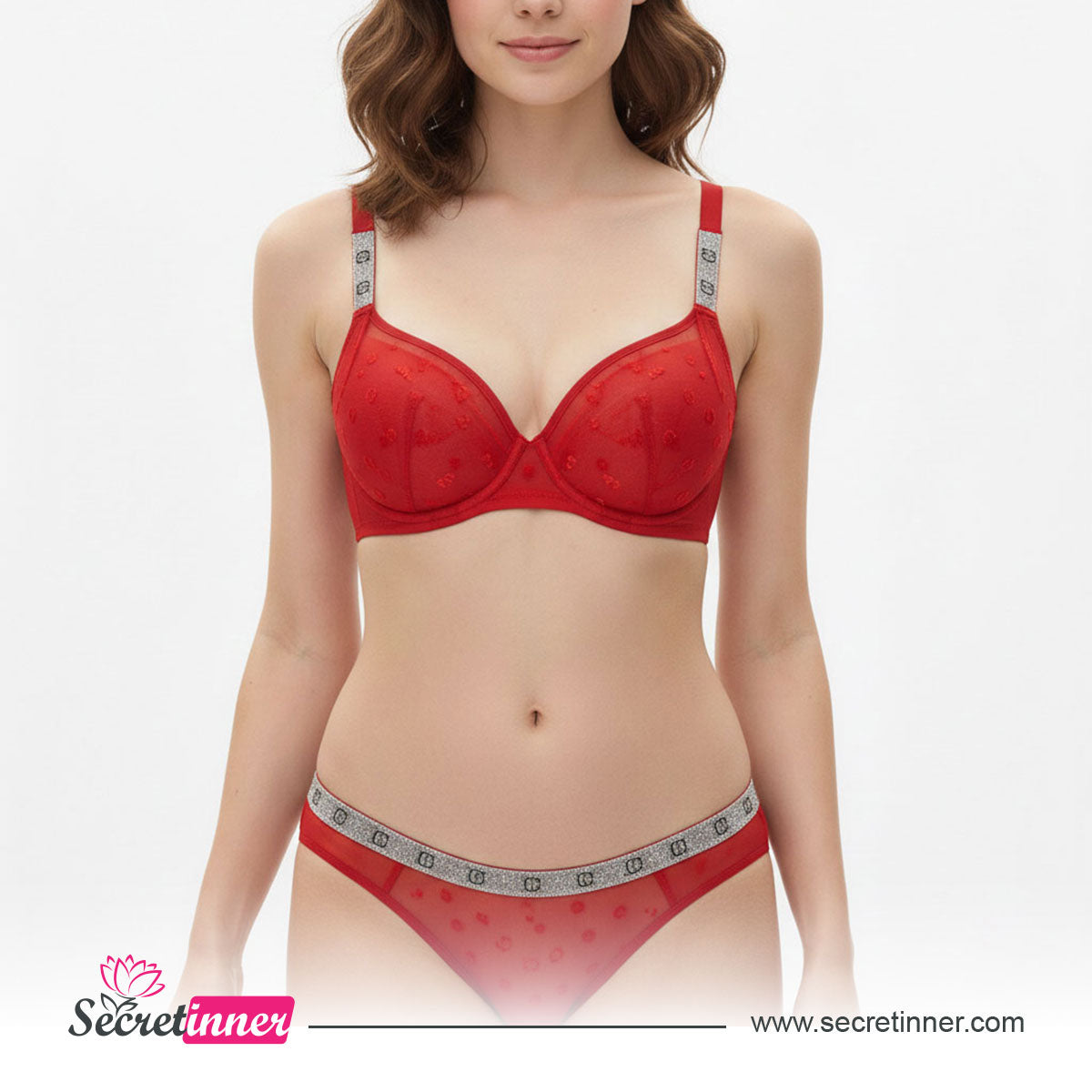 Red bra and panties set with 'Secret Inner' branding on a white background