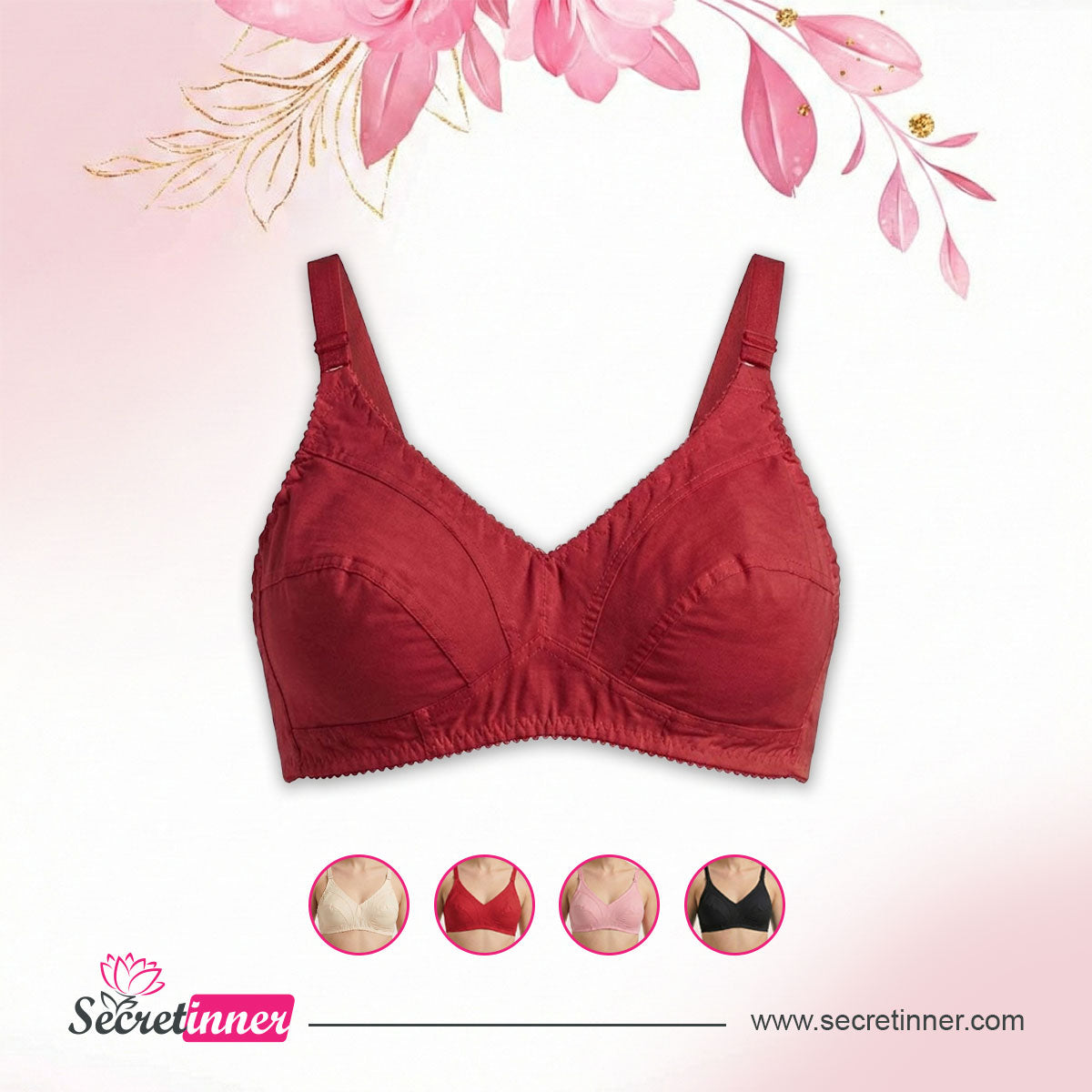 Red bra on a light pink background with floral elements and Secret Inner logo.