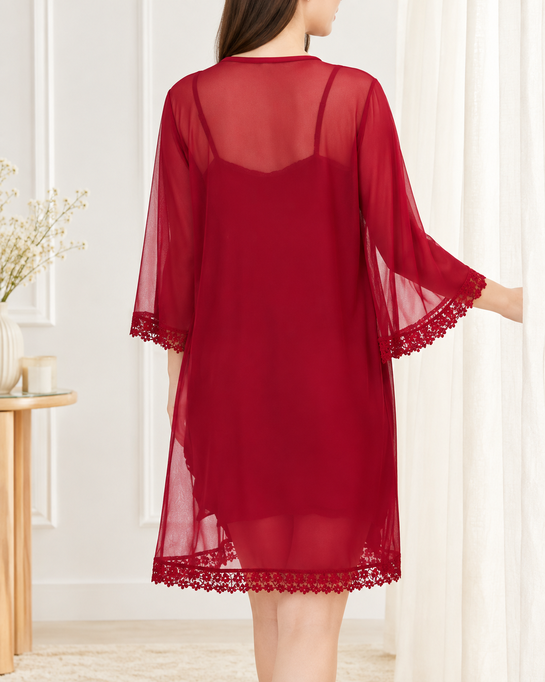 Red Transparent Lace Bridal Nightgown for Wedding – 3PC Secretinner