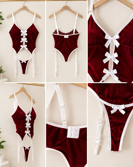 Bow Design Velvet Nighty With Stockings Secretinner