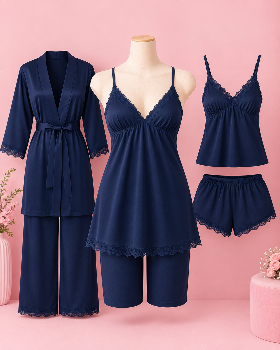 Flourish 5-Piece Non-Padded Silk Satin Pajama Set Secretinner