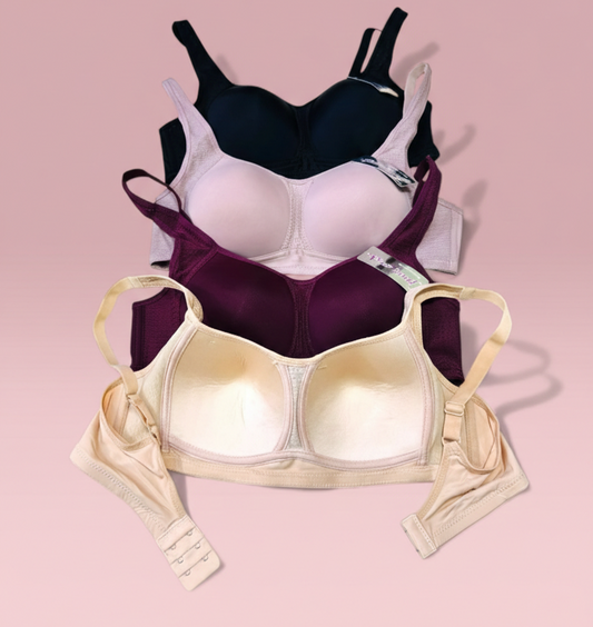 Set of three bras in black, white, and gold on a pink background with 'Sister Hood Thailand' branding.