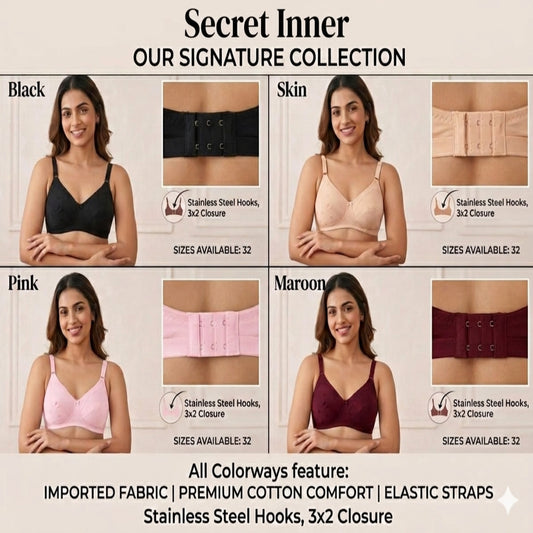 Secret Inner lingerie collection with models wearing black, pink, and maroon bras.