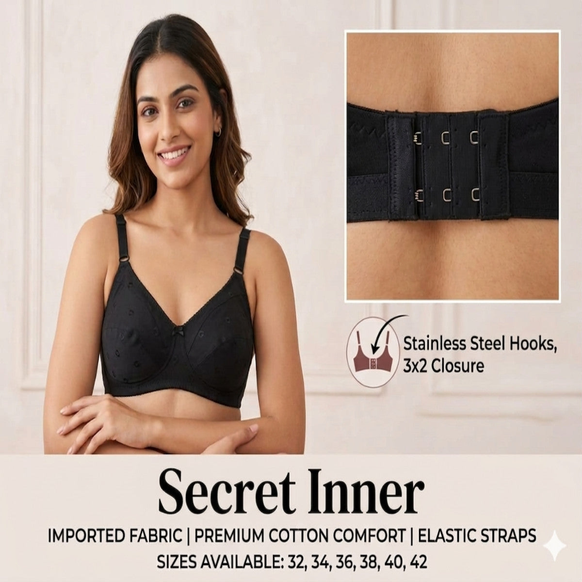 Woman wearing a black bra with 'Secret Inner' branding and product details.