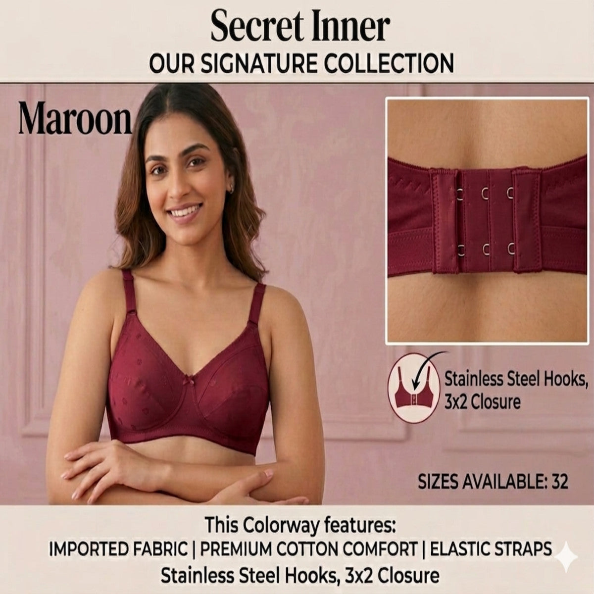 Woman wearing a maroon bra with product details on a beige background