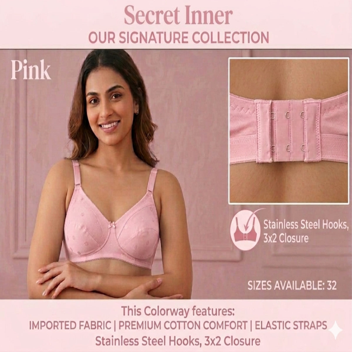 Woman wearing a pink bra with product details on a pink background