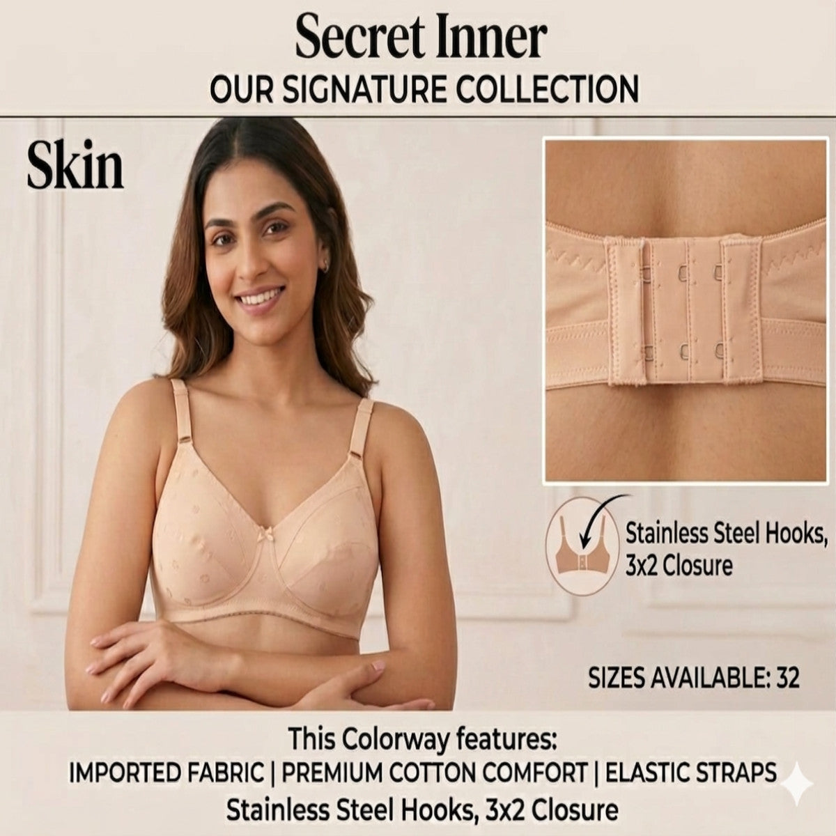 Woman wearing a beige bra with product details on a light background