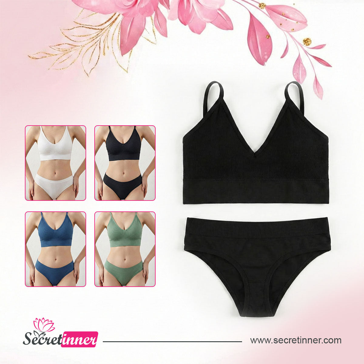 Black bikini set with妾 images and Secretinner branding on a pink floral background