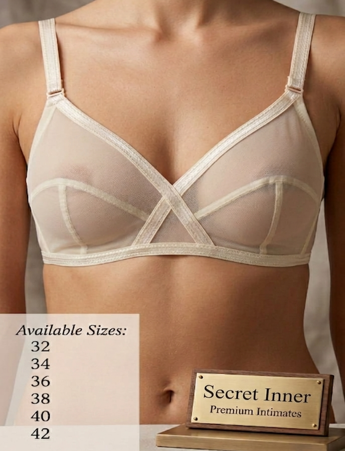 Beige bra with mesh design on a model, featuring 'Secret Inner' branding and size chart.
