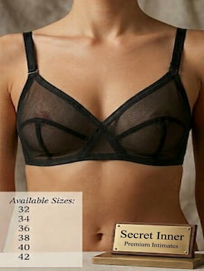 Black bra on a mannequin with size chart and 'Secret Inner' brand name.