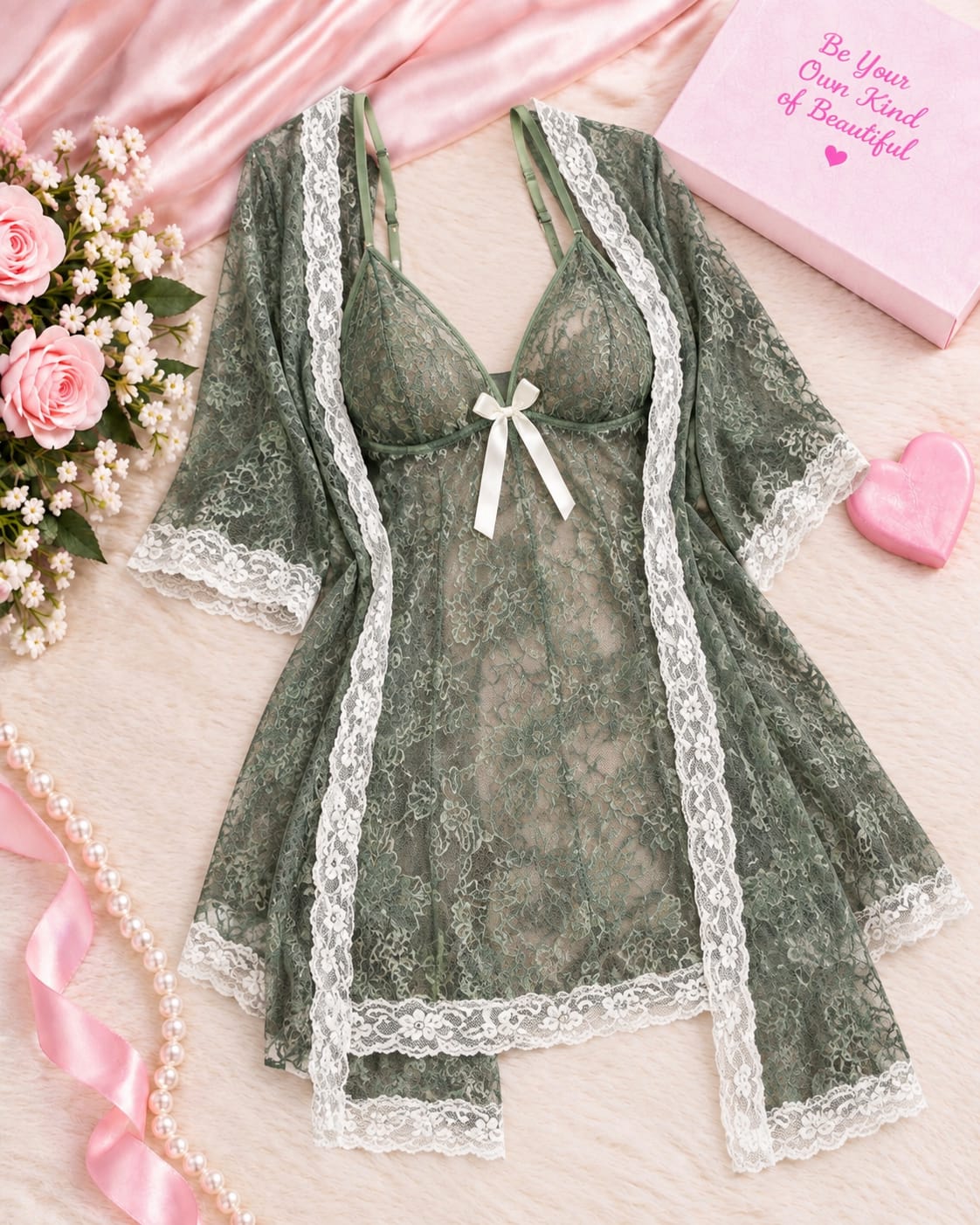 Transparent Lace Bridal Nightgown for Wedding – 3 Pcs Secretinner