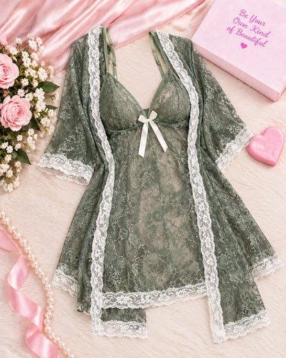Transparent Lace Bridal Nightgown for Wedding – 3 Pcs Secretinner