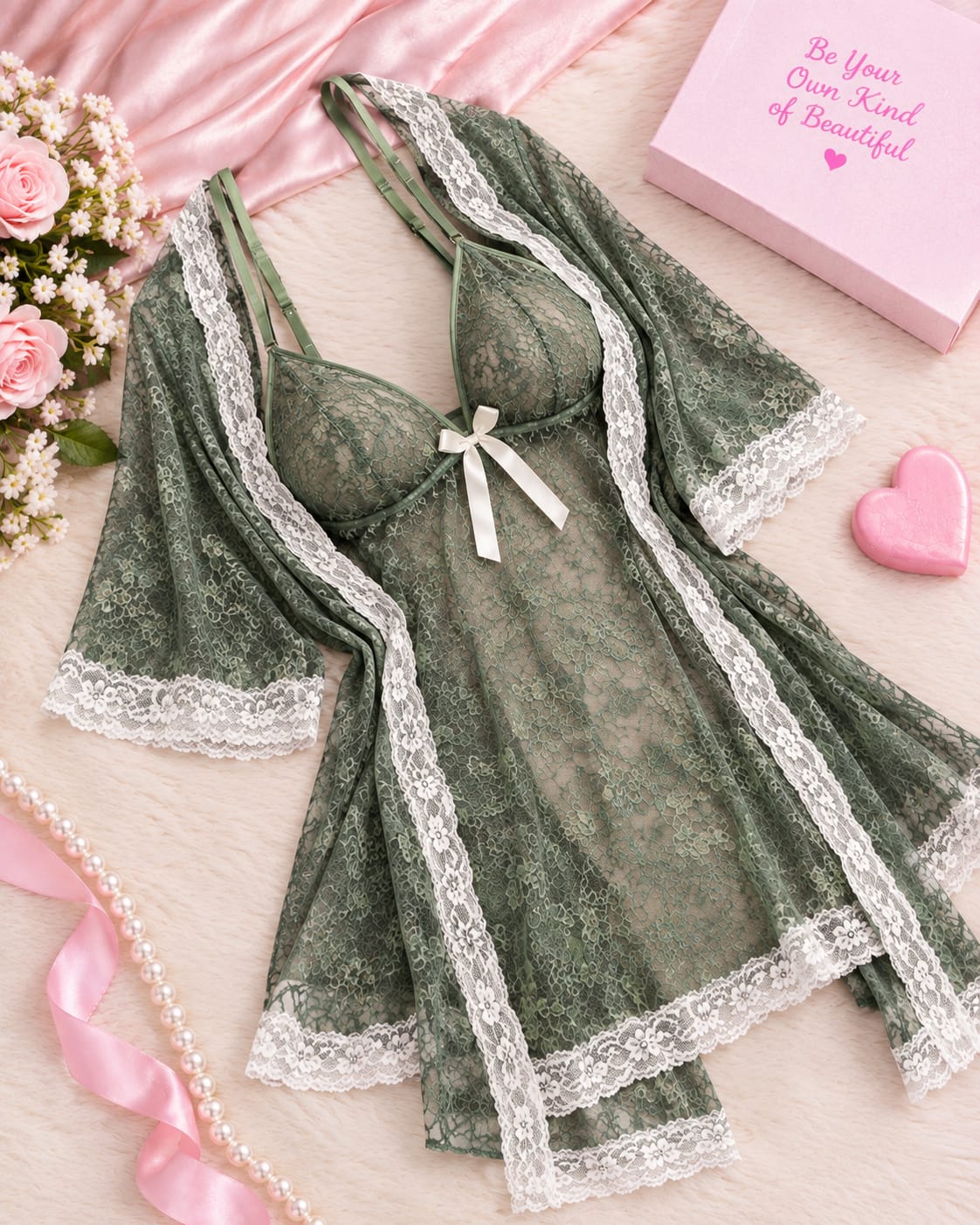 Transparent Lace Bridal Nightgown for Wedding – 3 Pcs Secretinner