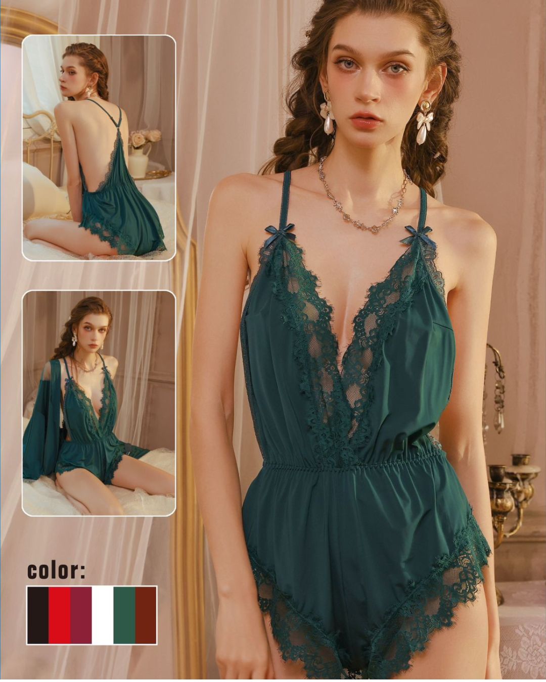 Woman wearing a green lace lingerie set with inset images and color options.