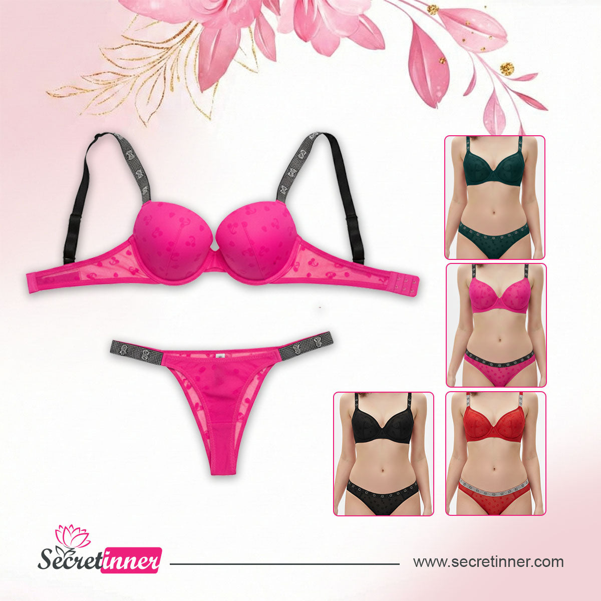 Pink lingerie set with additional images of different colored bras and panties on a pink floral background, featuring the Secret Inner brand.