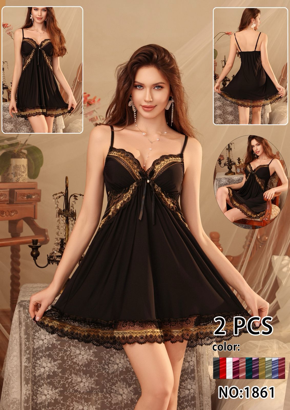 Woman wearing a black lace nightgown with inset images and color swatches.