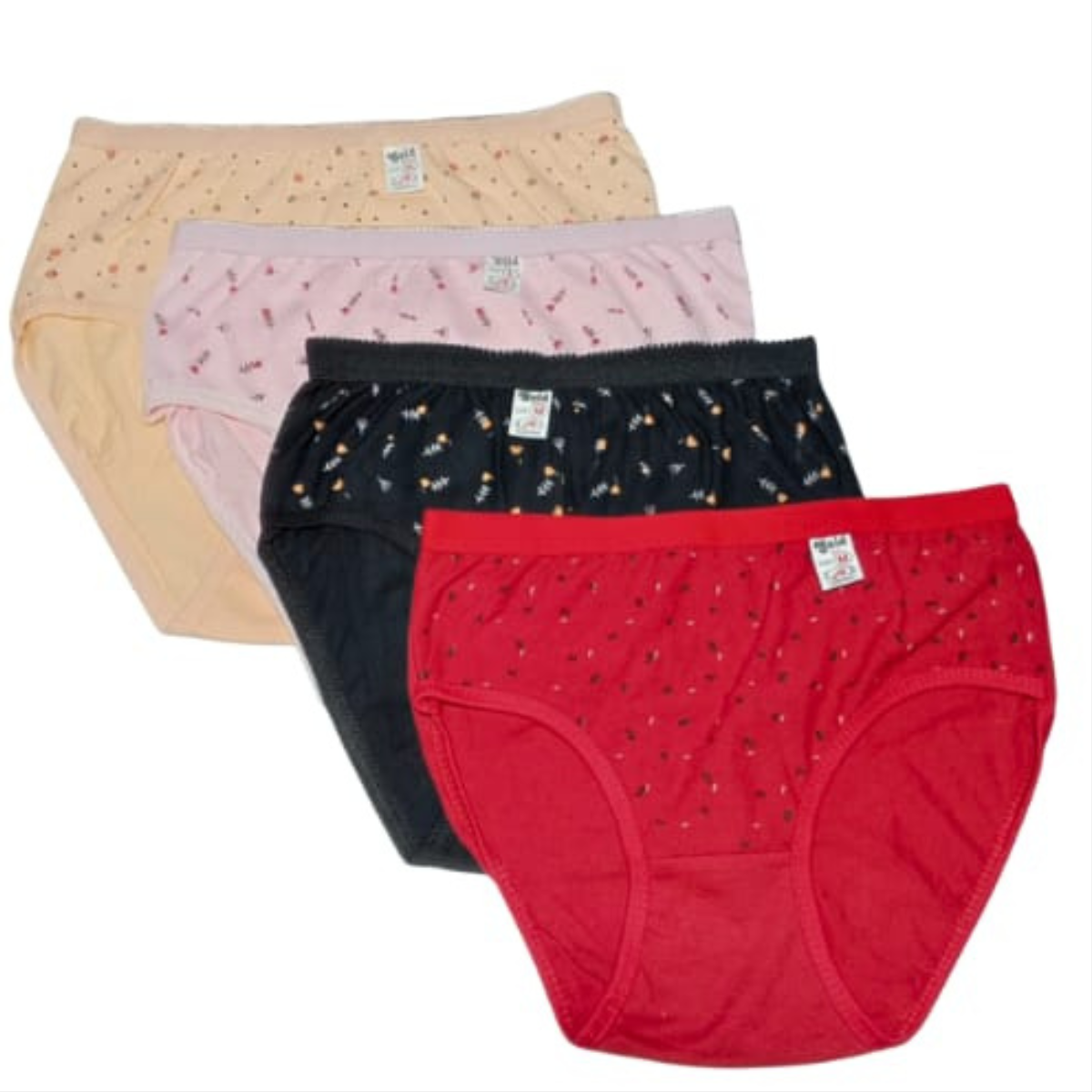 Four pairs of women's underwear in different colors on a white background