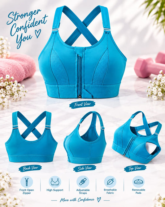Women's Zipper Front Open Sports Bra with Adjustable Pads secretinner