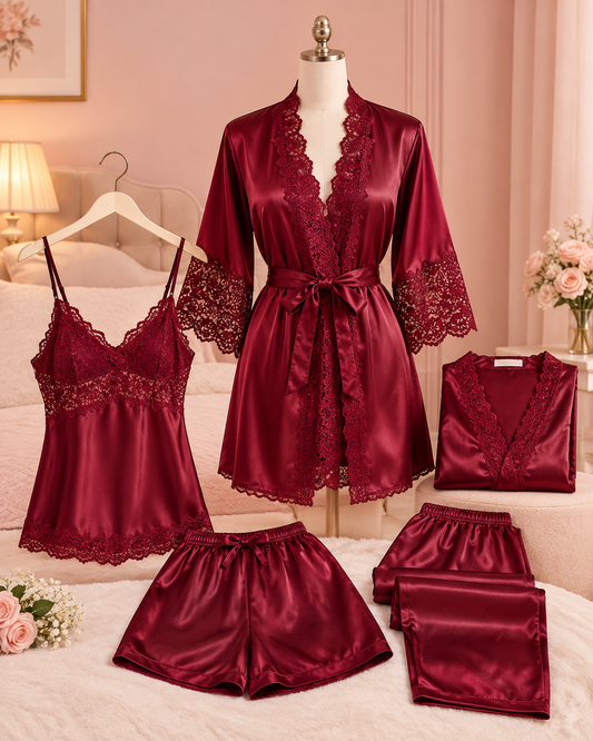 Flourish 6-Piece Padded Silk Satin Pajama Set Secretinner