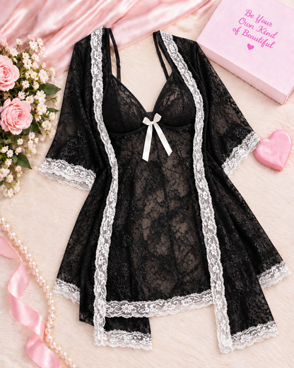 Transparent Lace Bridal Nightgown for Wedding – 3 Pcs Secretinner