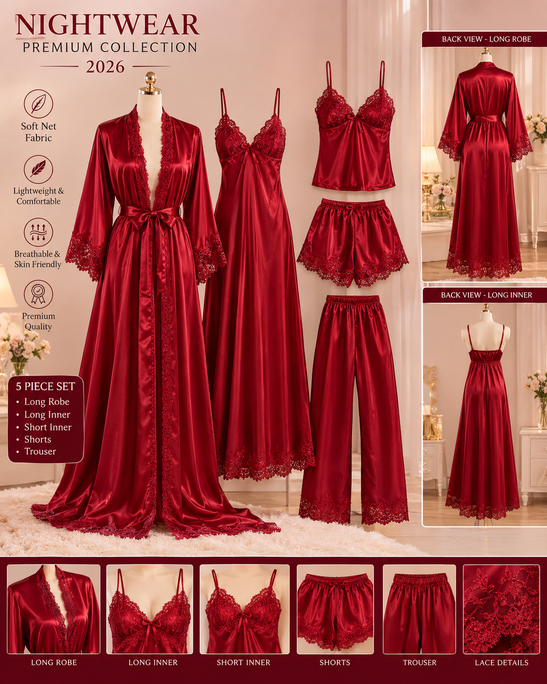 Flourish 6-Piece Padded Silk Satin Pajama Set Secretinner
