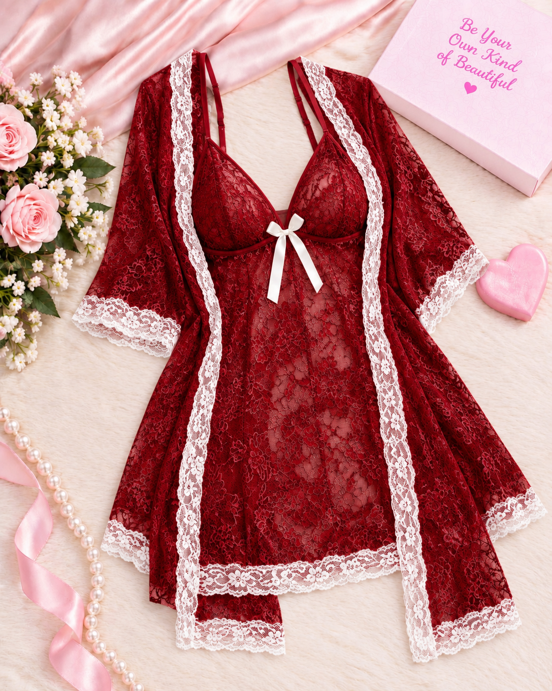 Transparent Lace Bridal Nightgown for Wedding – 3 Pcs Secretinner