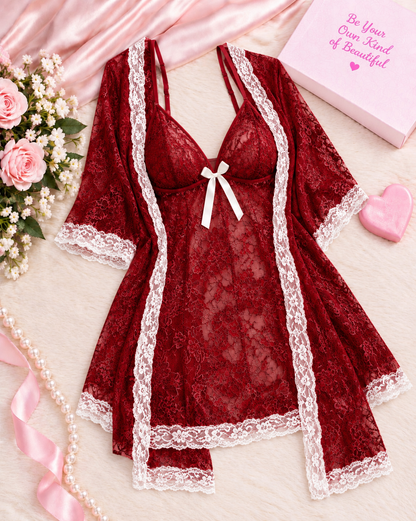 Transparent Lace Bridal Nightgown for Wedding – 3 Pcs Secretinner